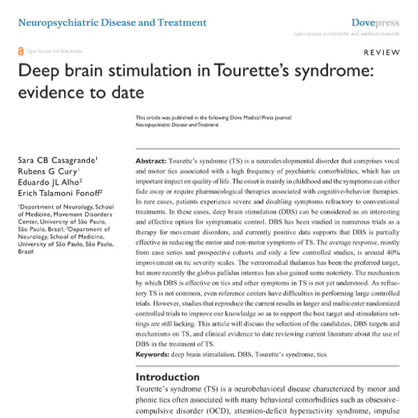 Leia mais sobre o artigo Deep Brain Stimulation in Tourette’s Syndrome: Evidence to date