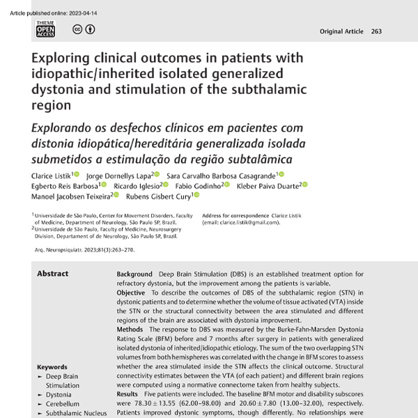 Leia mais sobre o artigo Exploring clinical outcomes in patients with idiopathic/inherited isolated generalized dystonia and stimulation of the subthalamic region