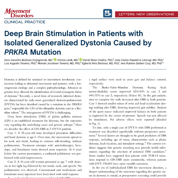 Leia mais sobre o artigo Deep Brain Stimulation in Patients with Isolated Generalized Dystonia Caused by PRKRA Mutation